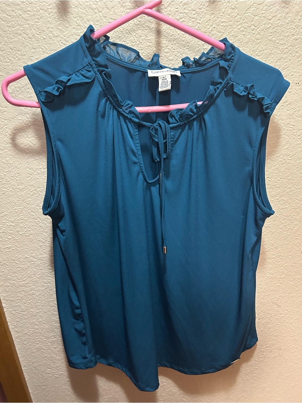 Calvin Klein Teal Ruffle Tie-Neck Sleeveless Blouse